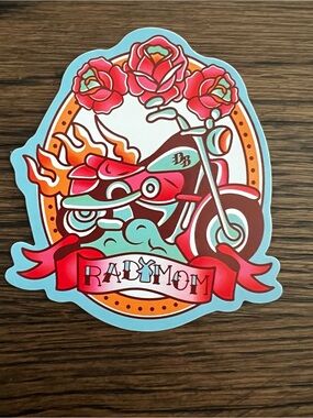 Dutch Bros Rad Mom Motorcycle Sticker - Red, Teal, Pink